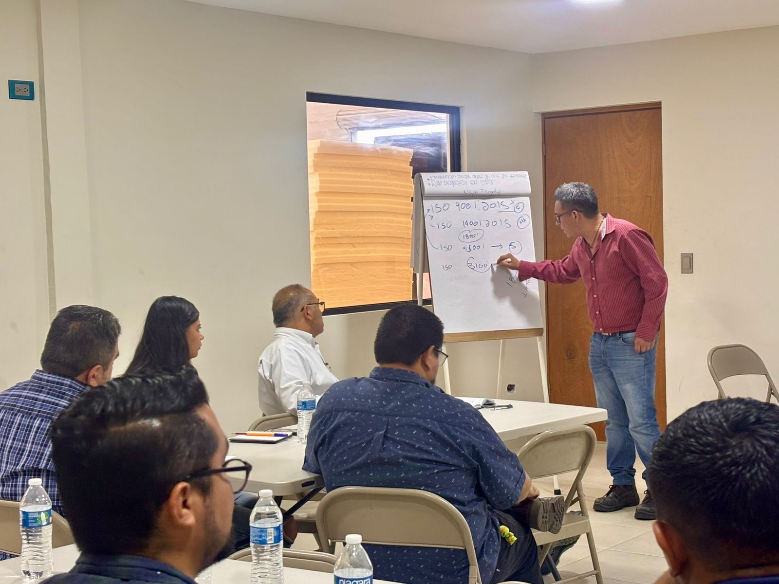 Instructor exponiendo frente a rotafolio